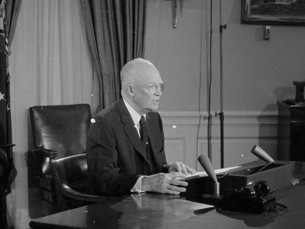 Former President Eisenhower, addresses the nation on the American intervention in Formosa (now Taiwan) in an undated archival picture. Eisenhower was involved in the country's first debt ceiling fight when he asked Congress to raise the limit by $15 billion. The Senate refused, ushering the first tussle over the country's debt.