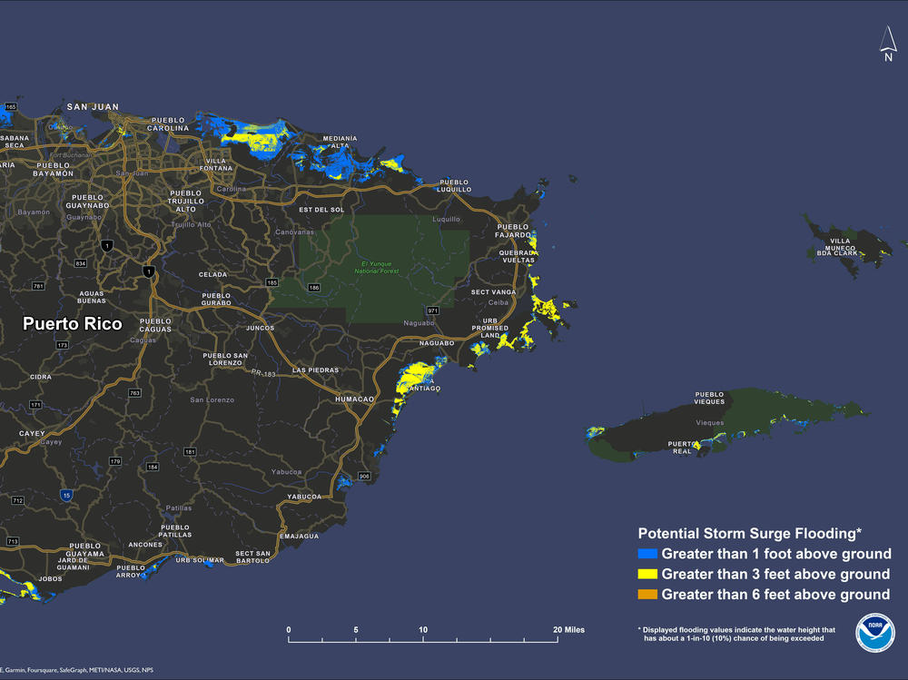 This map is an example of a potential storm surge warning map for Puerto Rico. Forecasters at the National Hurricane Center have upgraded storm surge warning tools this year so they can provide real-time surge forecasts to residents of Puerto Rico and the U.S. Virgin Islands.