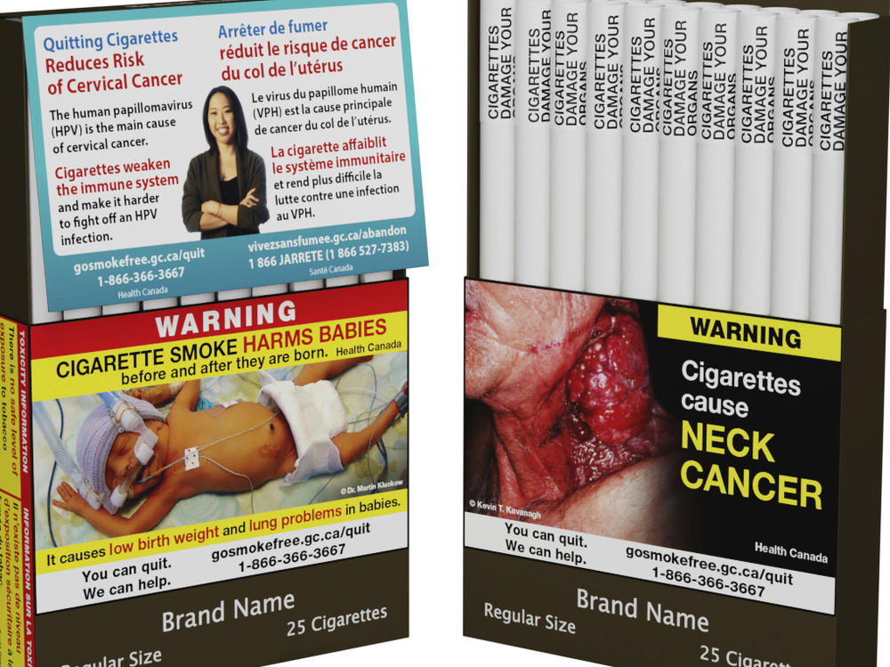 This image provided by Health Canada shows the final wording of six separate warnings that will be printed directly on individual cigarettes as Canada becomes the first in the world to take that step aimed at helping people quit the habit. The regulations take effect Aug. 1 and will be phased in.
