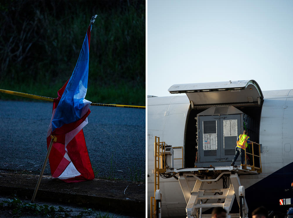 Left: A protester's Puerto Rican flag rests outside the zoo on the evening of Mundi's departure. Right: Shortly after sunrise on May 12, Mundi the elephant was loaded onto the 747 cargo jet that would fly her off the island.