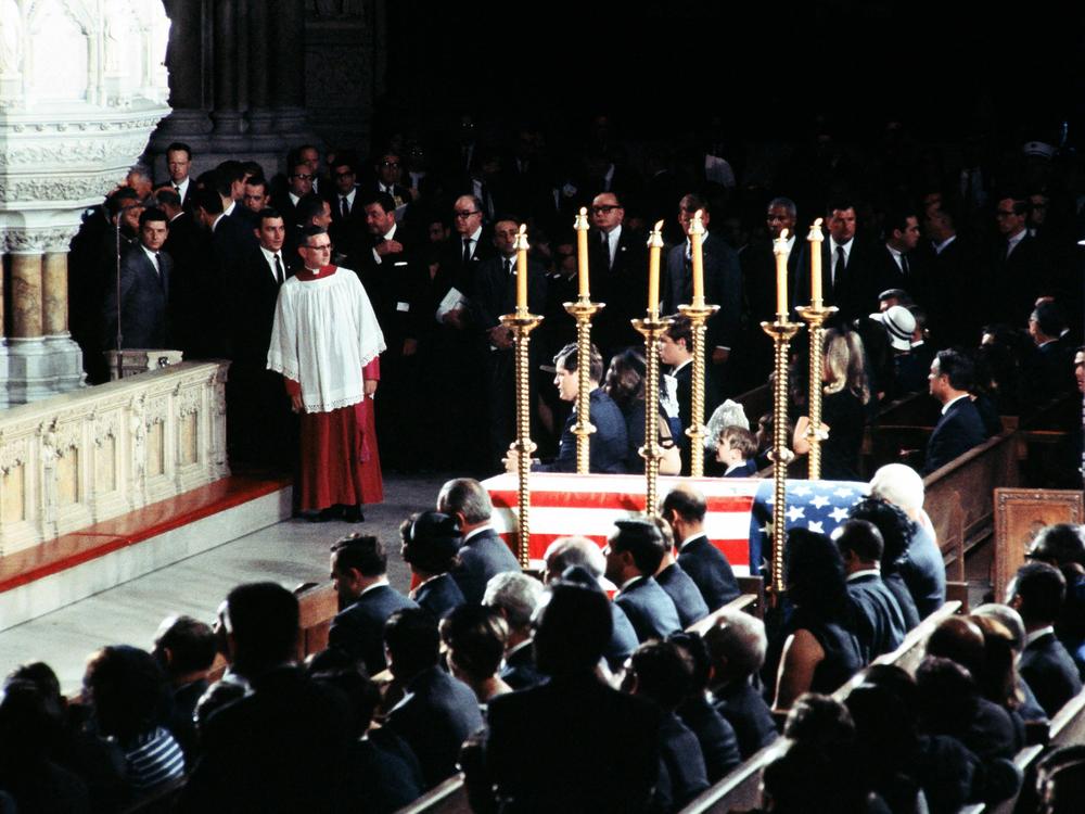 Mourners including his brother Ted Kennedy and President Lyndon Johnson attend the funeral of Robert Kennedy on June 8, 1968, at the St. Patrick's Cathedral in New York. Robert Kennedy was buried next to his brother John F. Kennedy at Arlington National Cemetery.