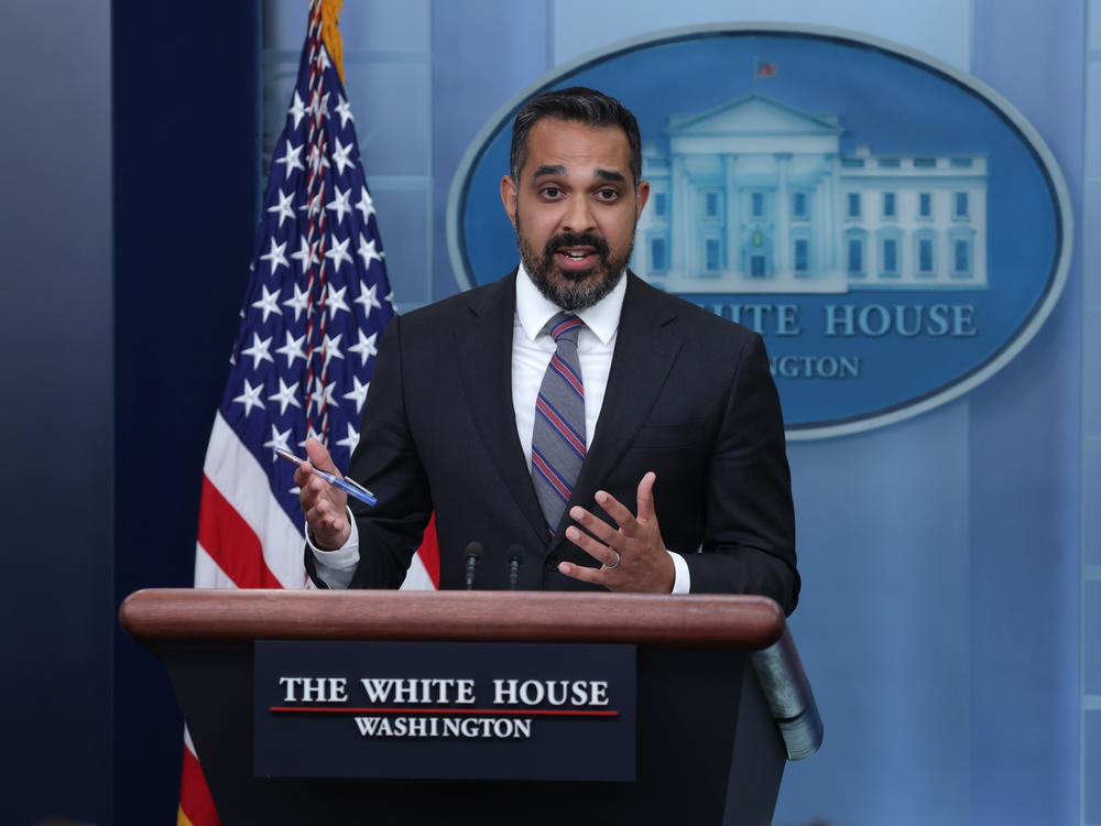Deputy Director of the National Economic Council Bharat Ramamurti, pictured at a White House briefing last August, spoke to <em>Morning Edition</em> after the House passed its debt ceiling bill.
