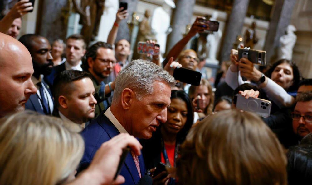 House Speaker Kevin McCarthy, R-Calif., speaks to reporters about debt ceiling negotiations at the U.S. Capitol on Tuesday.