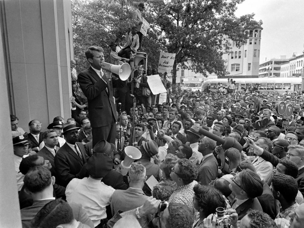 U.S. Attorney General Robert Kennedy delivers a speech during a civil rights demonstration on June 30, 1963, in Washington, D.C.