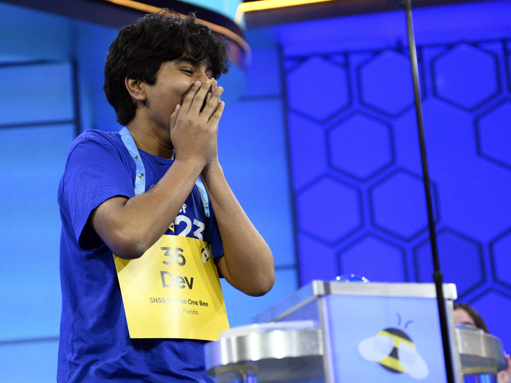 Dev Shah, 14, from Largo, Fla., reacts as he wins the Scripps National Spelling Bee finals, Thursday, June 1, 2023, in Oxon Hill, Md.