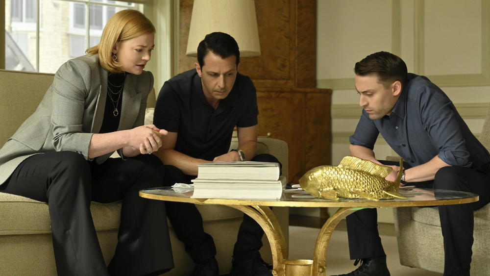 Shiv (Sarah Snook), Kendall (Jeremy Strong) and Roman (Kieran Culkin) struggle to be taken seriously by their father and the upper level cronies at Waystar in Season 4's 