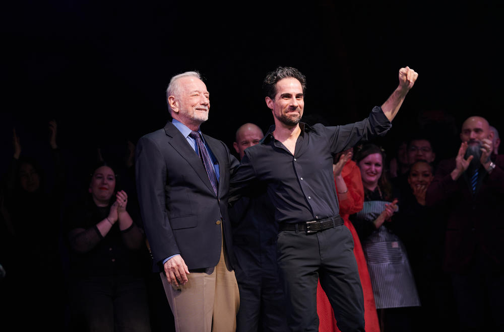 <em>Sweeney Todd</em> orchestrator Jonathan Tunick, left, and music director Alex Lacamoire at the opening night curtain call.
