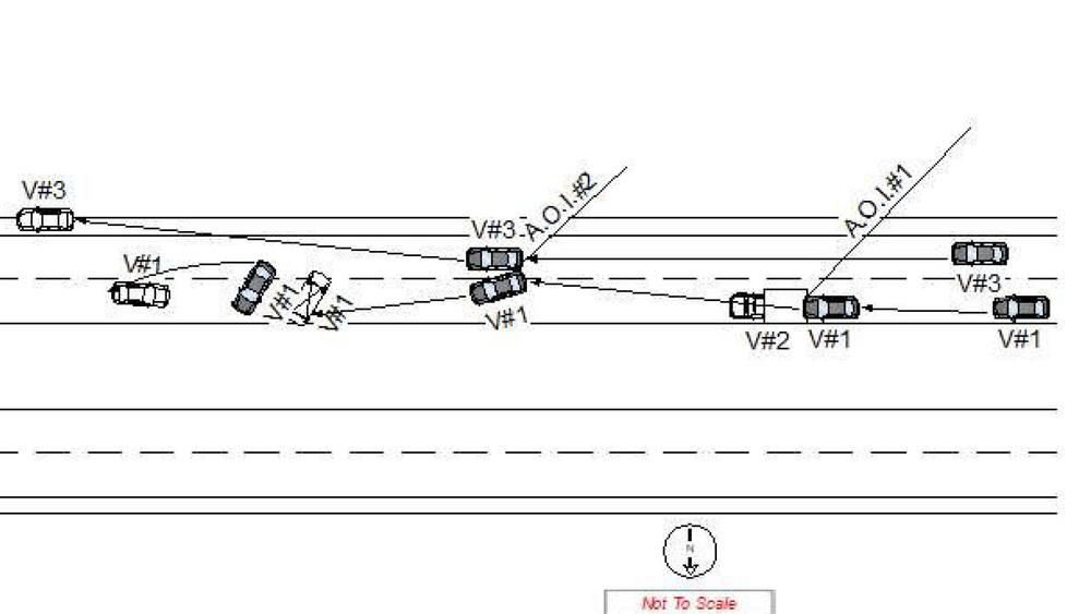 The crash report diagrams the path a Nissan Altima took as it hit a tow truck and was vaulted 120 feet down the highway by the salvage vehicle's ramp.