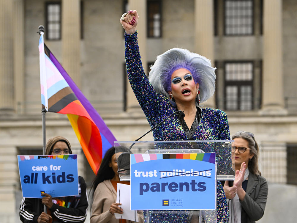 Drag artist Vidalia Anne Gentry speaks during a Feb. 14 news conference held by the Human Rights Campaign to draw attention to anti-drag bills in the Tennessee legislature.