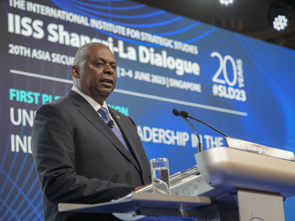 U.S. Secretary of Defense Lloyd J. Austin III speaks at the 20th International Institute for Strategic Studies (IISS) Shangri-La Dialogue, Asia's annual defense and security forum in Singapore, Saturday, June 3, 2023.