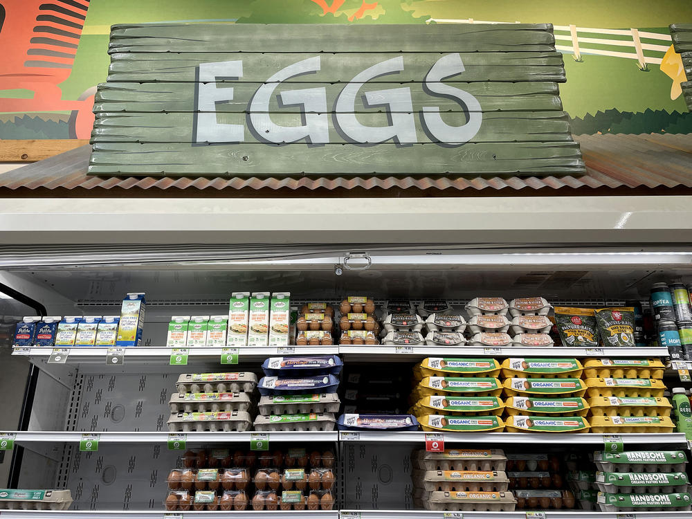 Eggs are on display at a Sprouts grocery store on April 12 in San Rafael, Calif.