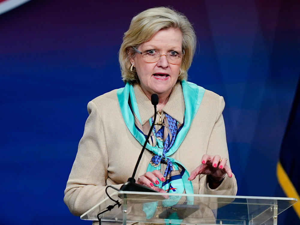 Cleta Mitchell speaks at a conference in Camp Hill, Pa., on April 1, 2022. The influential conservative attorney helped former President Donald Trump as he sought to overturn the 2020 election. She's now working to dismantle ERIC.