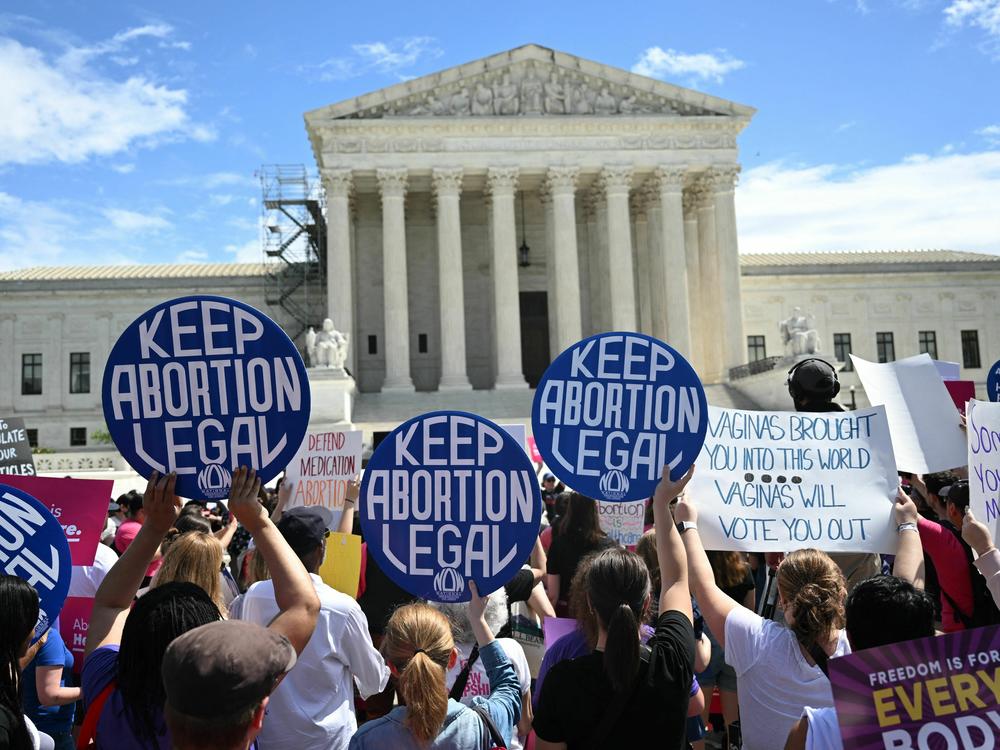 Demonstrators rally in support of abortion rights at the U.S. Supreme Court in Washington, D.C., on April 15.