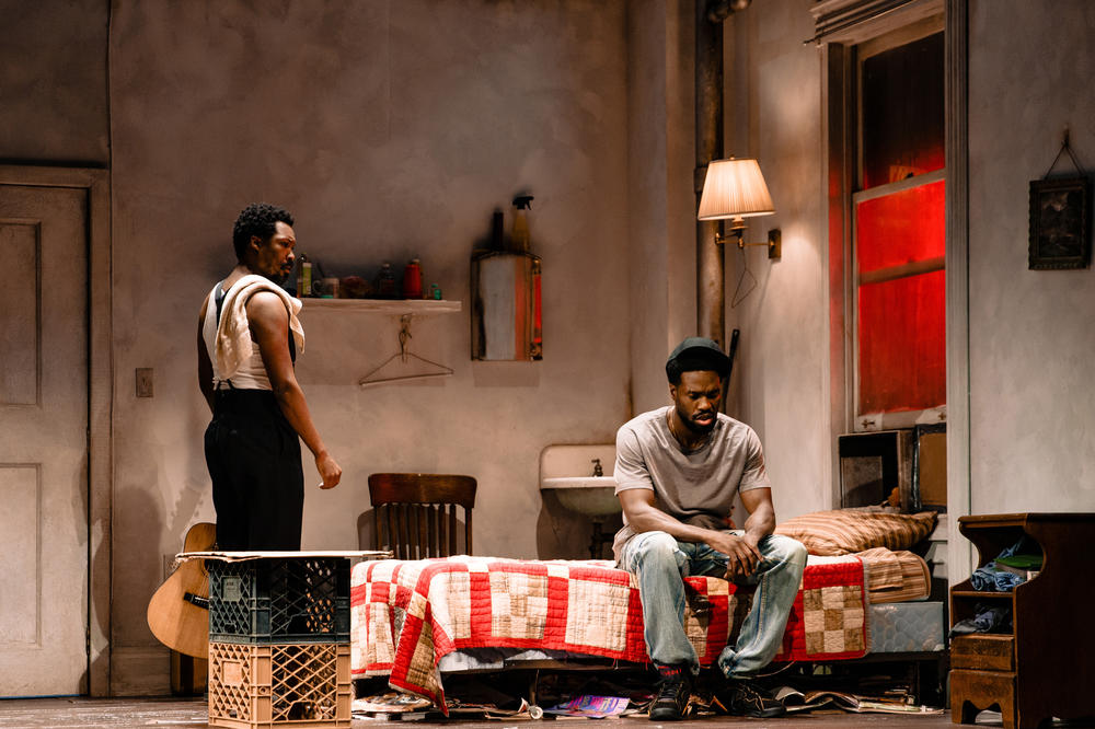 Corey Hawkins as Lincoln, left, and Yahya Abdul-Mateen II as Booth in<em> Topdog/Underdog</em>