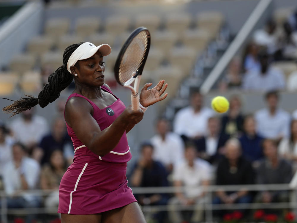 Sloane Stephens of the U.S. plays a shot against Aryna Sabalenka of Belarus during their fourth round match of the French Open tennis tournament at the Roland Garros stadium in Paris, Sunday, June 4, 2023.