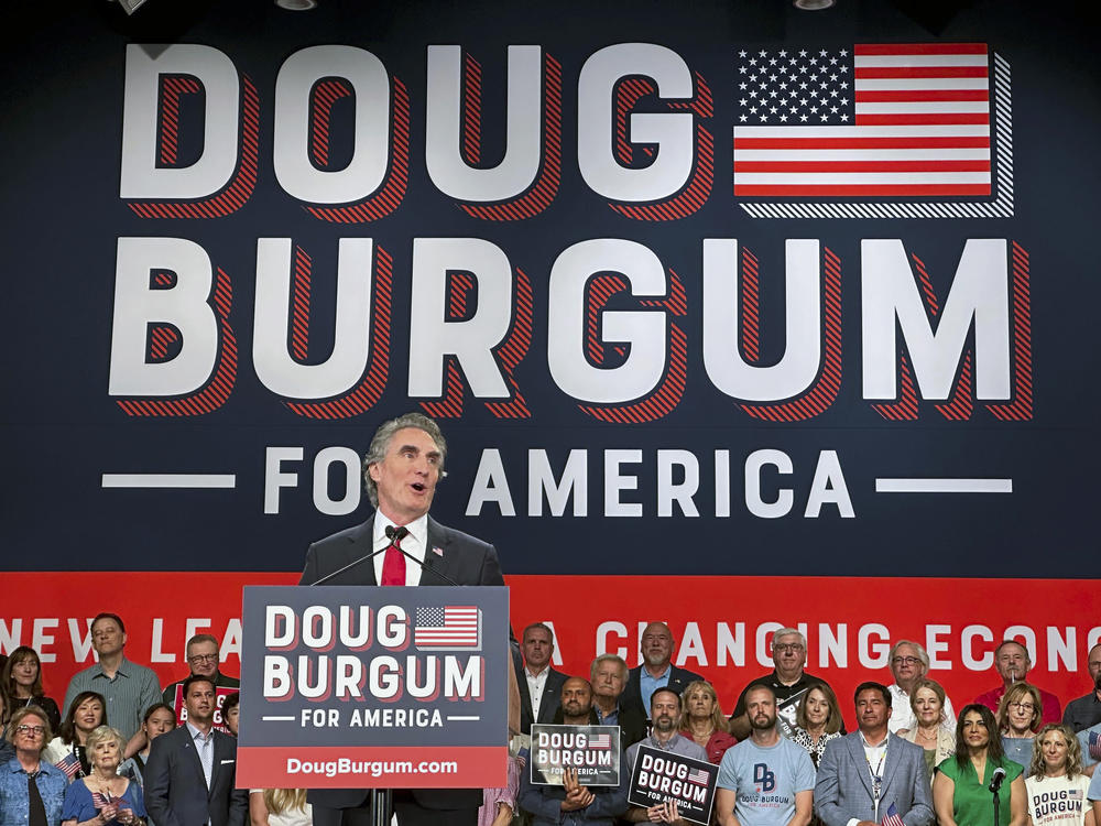 North Dakota Gov. Doug Burgum speaks as he kicks off his campaign for the 2024 Republican presidential nomination Wednesday in Fargo, N.D.