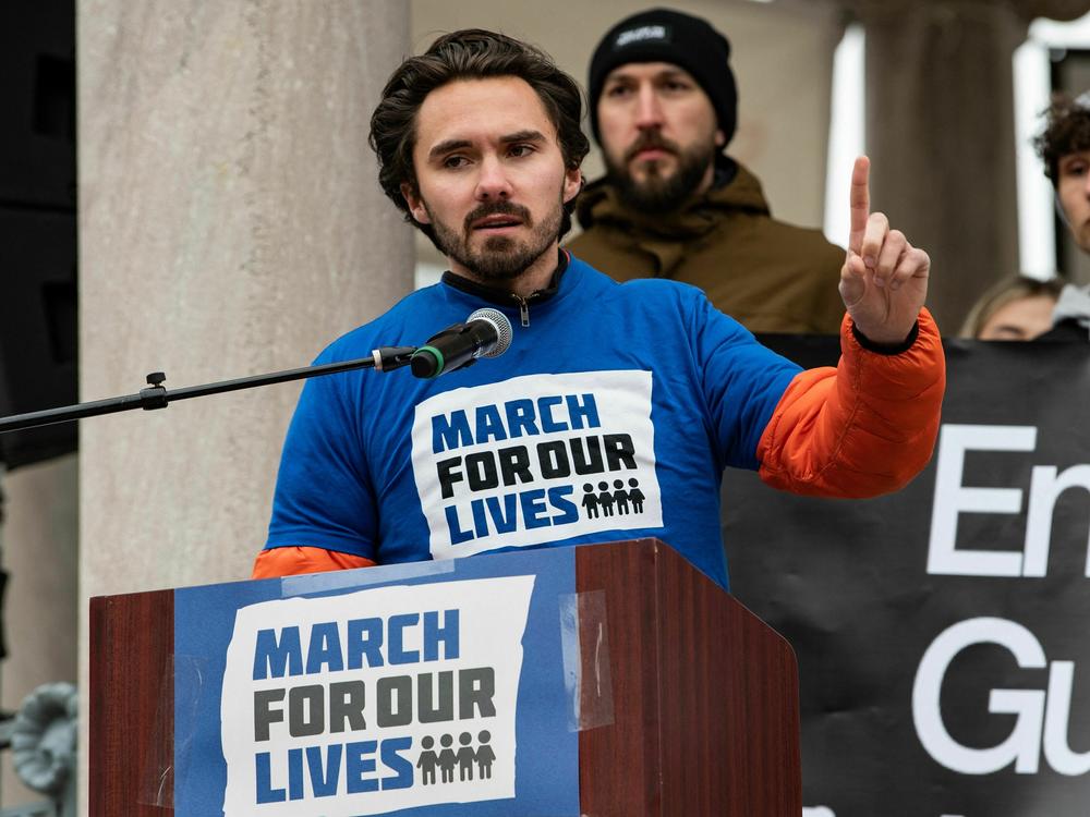 Parkland school shooting survivor David Hogg speaks during an anti-gun violence rally in Boston on March 25, 2023.