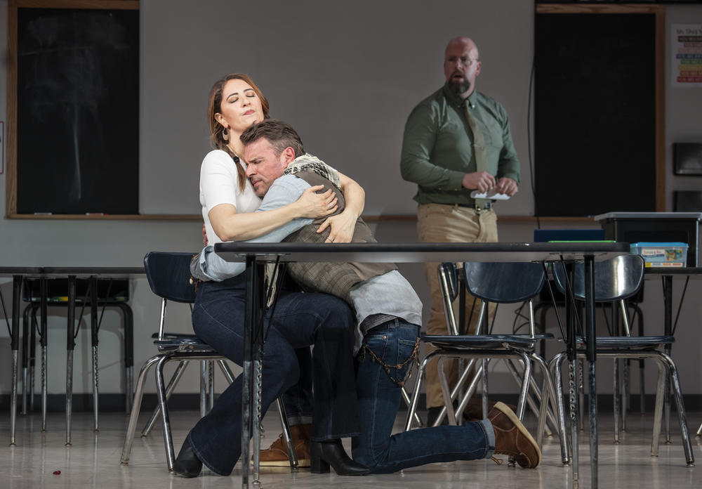 D'Arcy Carden as Alicia, left, Scott Foley as Jaxton and Chris Sullivan as Caden in <em>The Thanksgiving Play</em>