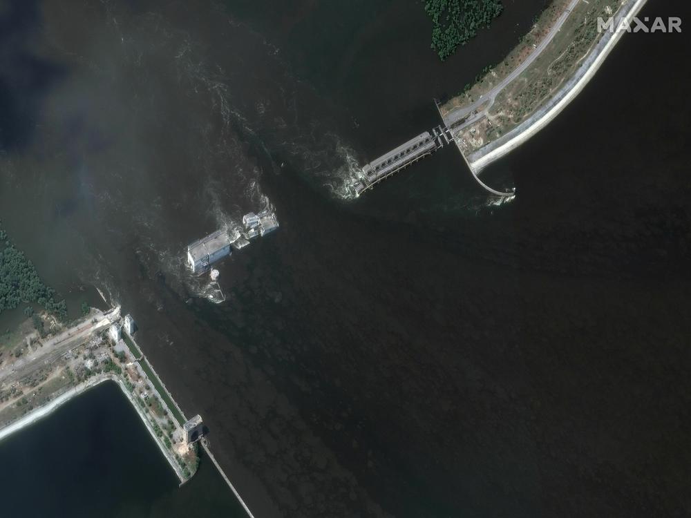The remains of the Kakhovka Dam as seen by satellite on June 7, 2023. Seismologists claim to have seen an explosive signal around the time of the dam's collapse.
