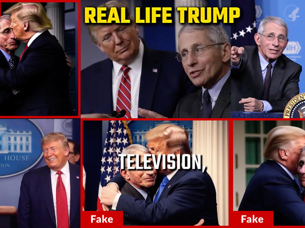 A recent video from Republican presidential candidate and Florida Gov. Ron DeSantis includes an image with three fake photos of former President Donald Trump and Dr. Anthony Fauci hugging. These three images appear to be AI-generated.