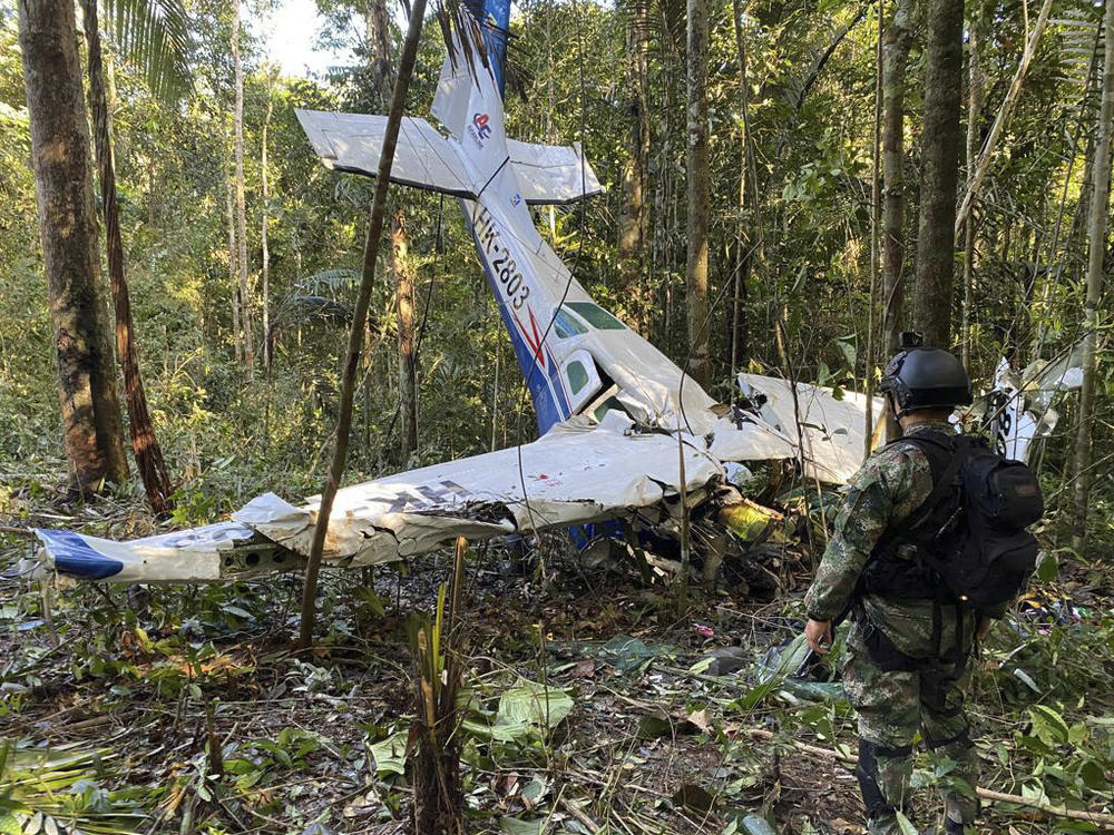 In this photo released by Colombia's Armed Forces Press Office, a soldier stands in front of the wreckage of a Cessna C206, May 18, 2023, that crashed in the jungle of Solano in the Caqueta state of Colombia. The discovery of footprints on May 30 of a small foot rekindled the hope of finding the children alive after their plane crashed on May 1.