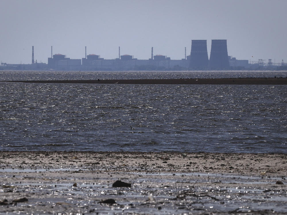 The Zaporizhzhia nuclear power plant, Europe's largest, is seen in the background of the shallow Kakhovka Reservoir. Water levels in the reservoir have been falling rapidly after a critical dam collapsed.