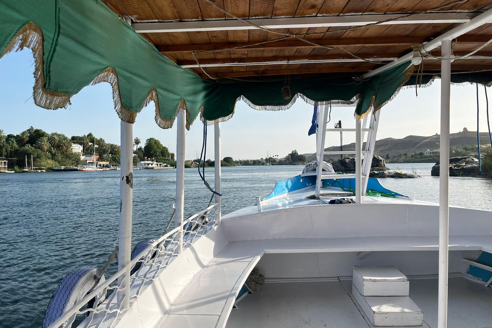 The view from a small motor boat on the Nile River in Aswan, Egypt.