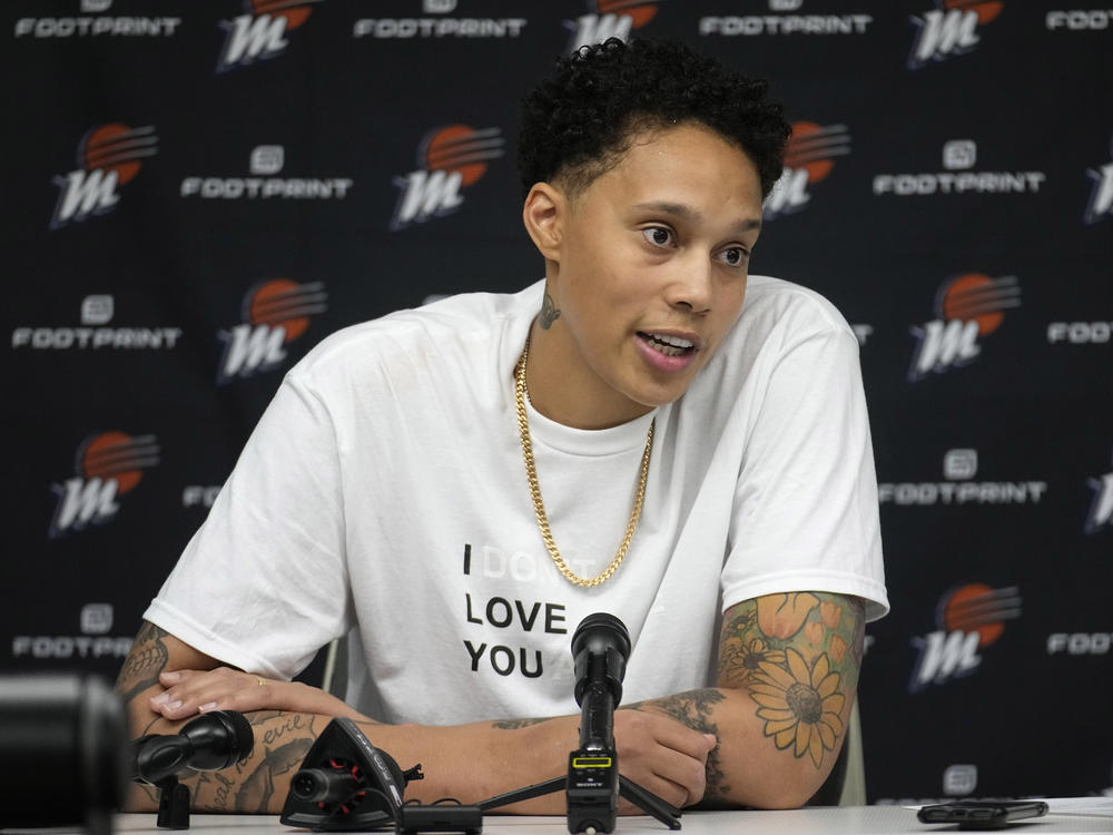 Phoenix Mercury center Brittney Griner is seen at a news conference on Wednesday after the team's game against the Dallas Wings, in Arlington, Texas.