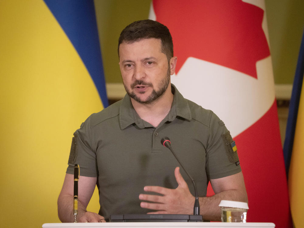 Ukrainian President Volodymyr Zelenskyy speaks during a joint news conference with Canada's Prime Minister Justin Trudeau in Kyiv, Ukraine, on Saturday.