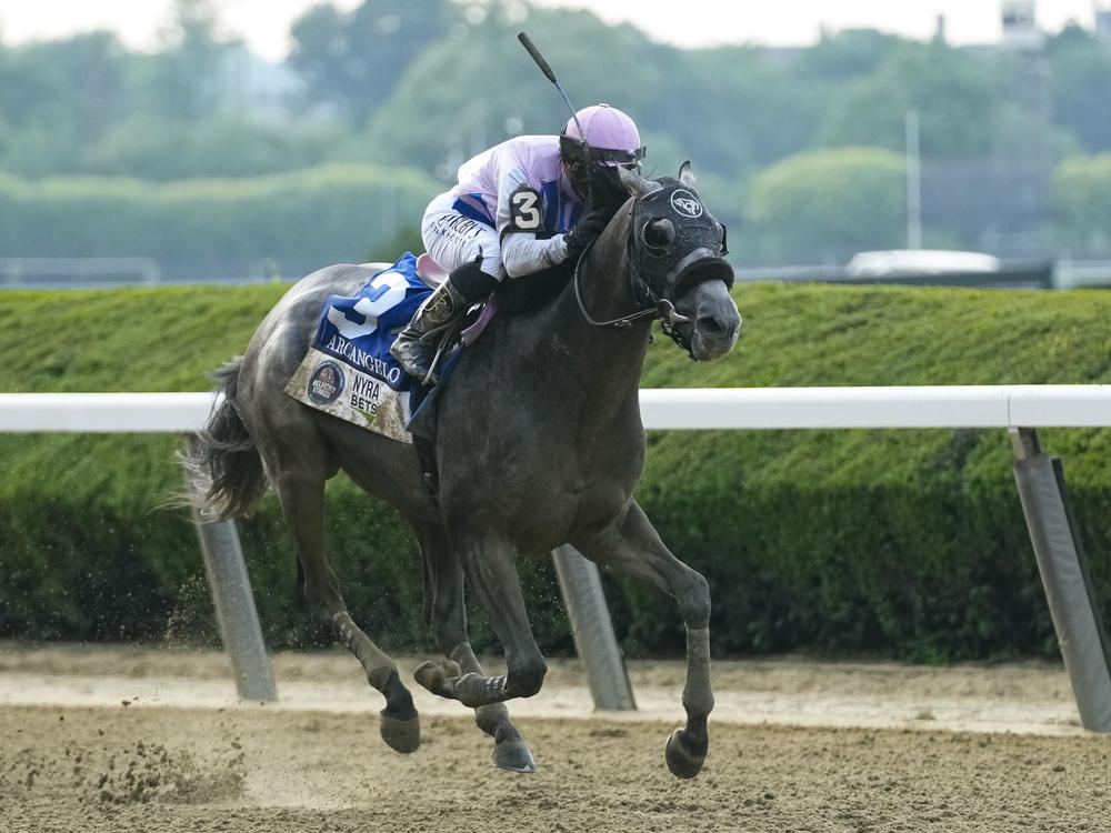 Arcangelo, with jockey Javier Castellano, breaks away from the pack in the final stretch to win the 155th running of the Belmont Stakes horse race on Saturday, at Belmont Park in Elmont, N.Y.