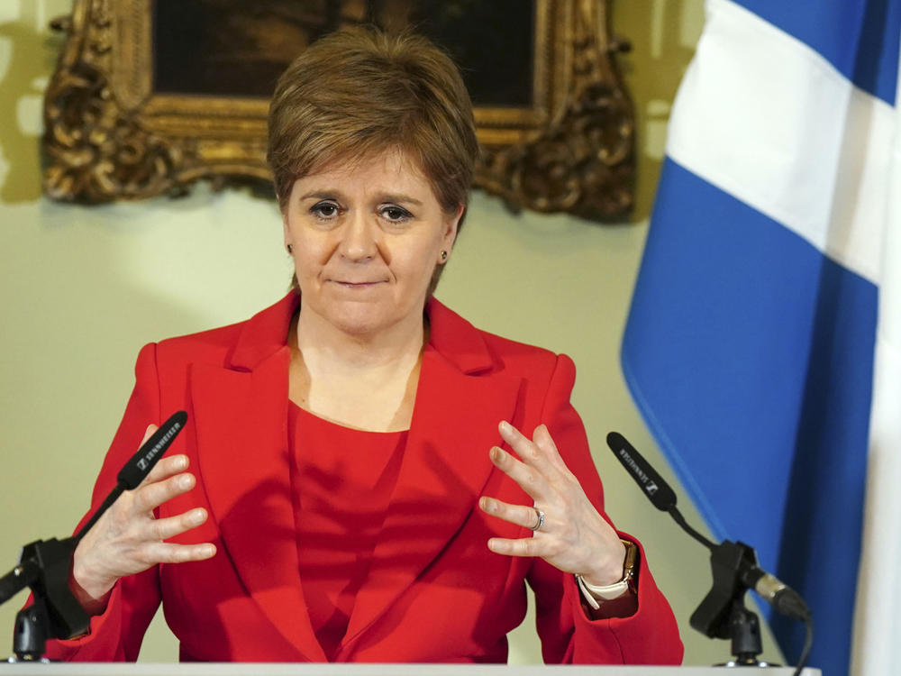 Former Scottish First Minister Nicola Sturgeon speaks during a press conference in February at Bute House in Edinburgh. Sturgeon has been arrested by police investigating the finances of Scotland's pro-independence governing party.