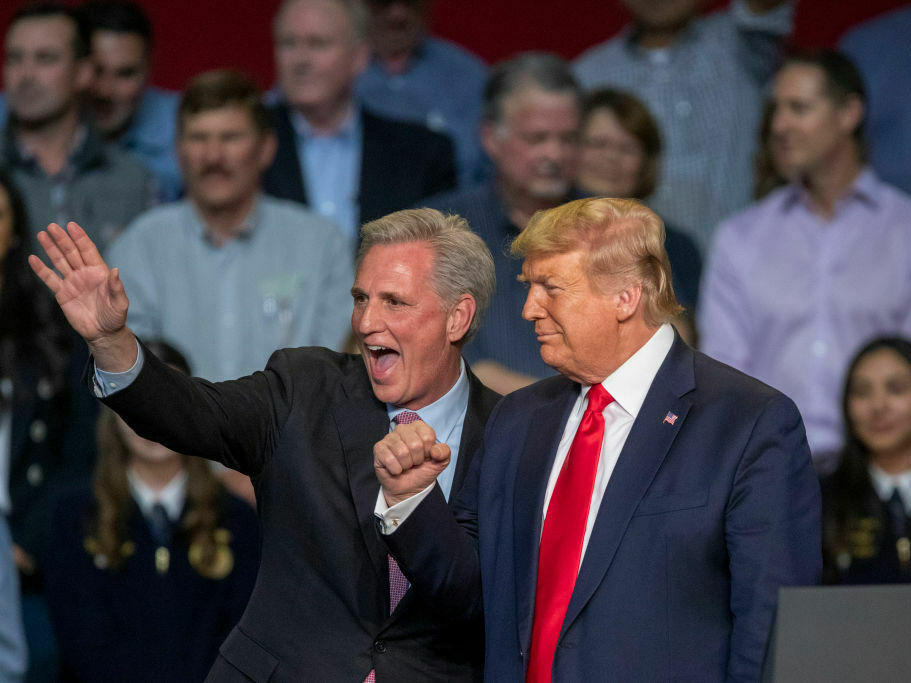 Rep. Kevin McCarthy, who is now House speaker, and then-President Trump attend a rally in Bakersfield, Calif., on Feb. 19, 2020. McCarthy said House investigators would play a key role in scrutinizing the investigations into the former president.