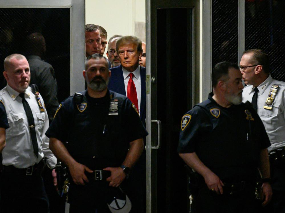 Trump arrives at the courtroom at the Manhattan Criminal Court in New York in April.