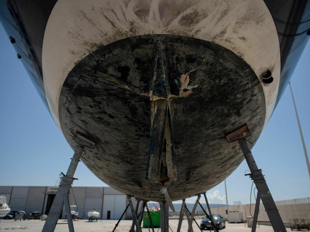 A picture taken on May 31 shows the rudder of a vessel damaged by killer whales (<em>Orcinus orca</em>) while sailing in the Strait of Gibraltar and taken for repairs at the Pecci Shipyards in Barbate, near Cadiz, southern Spain.