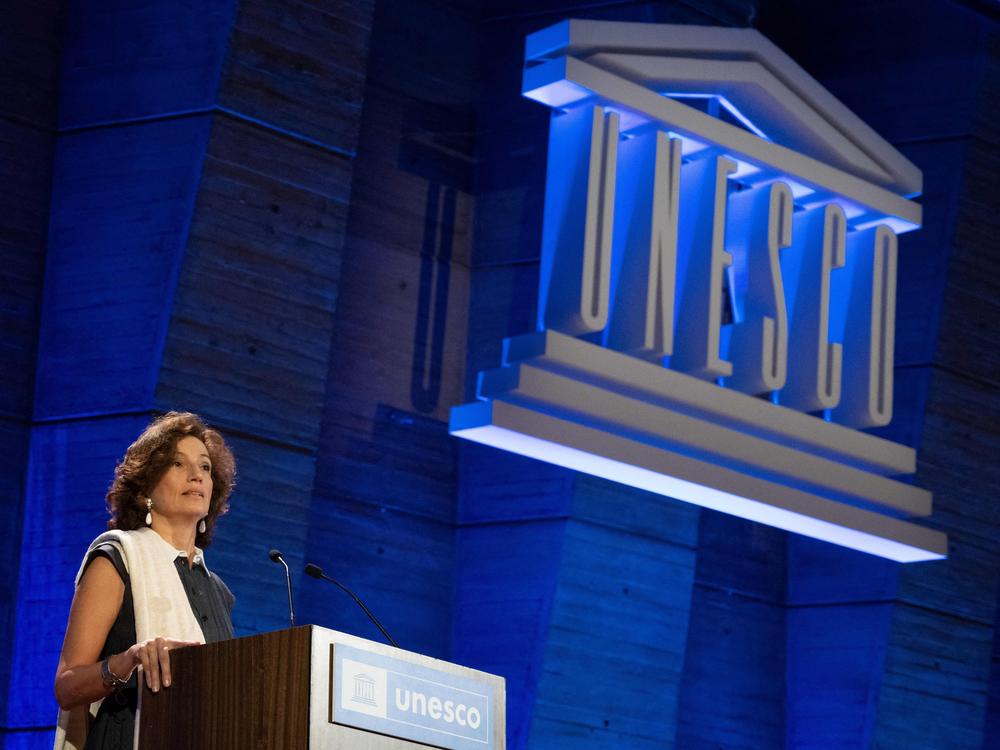 UNESCO Director-General Audrey Azoulay delivers a speech Monday at the group's headquarters in Paris to announce the United States' request to resume membership in the organization.
