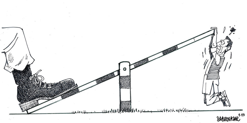 A recently published cartoon by Sabir Nazar shows a boot weighing down a scale with Imran Khan on the other side.