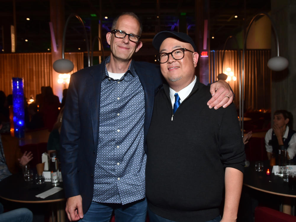 Pete Docter, Pixar Animation Studio's chief creative officer, left, and filmmaker Peter Sohn attend the World Premiere of <em>Elemental</em> at the Academy Museum of Motion Pictures in Los Angeles on June 8, 2023.