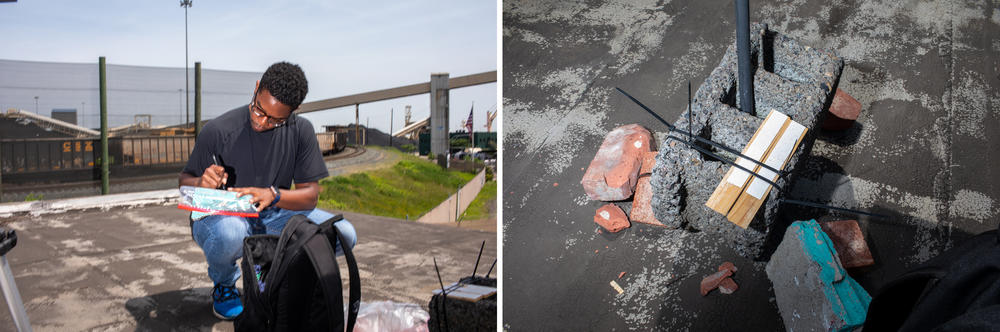 Researcher Matthew Aubourg checks for air pollution next to freight train tracks in Baltimore using sticky white paper to collect tiny particulates that are dangerous for human health (right). Aubourg visits the neighborhood about three times a week to check on air pollution monitoring instruments and talk to residents who want to know what's in the air they're breathing.