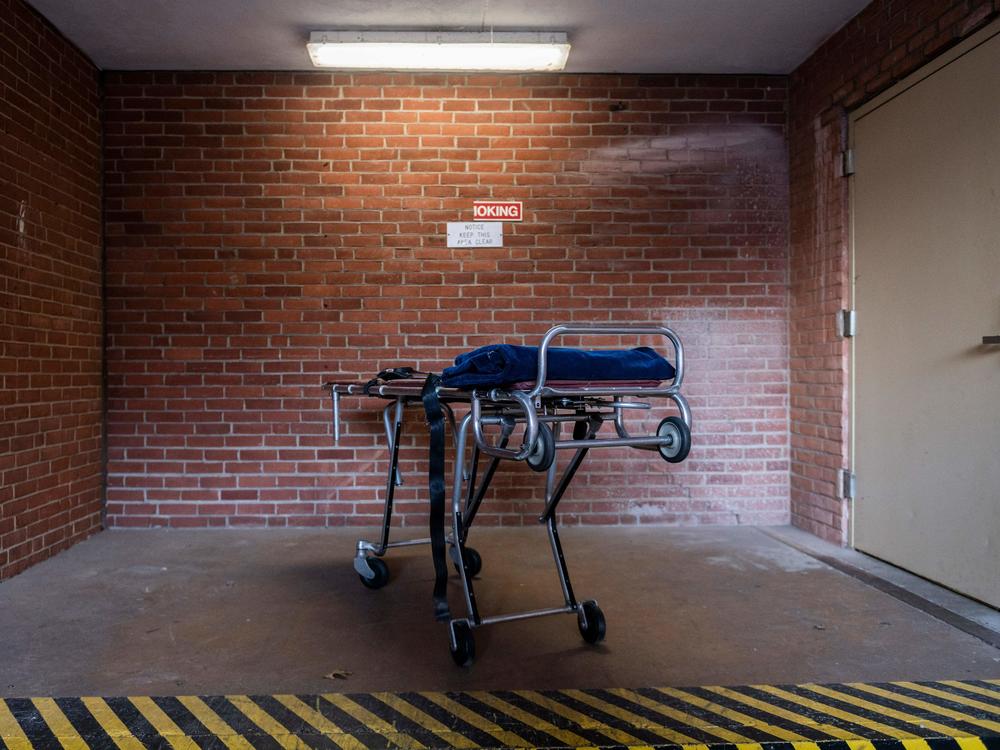 An empty gurney is seen outside of a hospital's morgue in Baltimore in 2020.