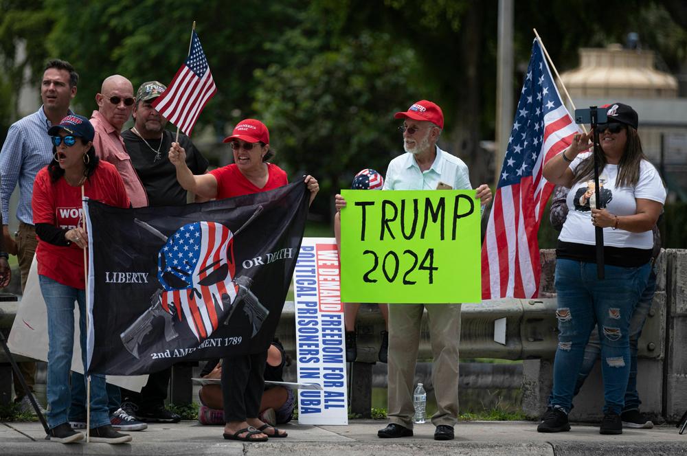 Supporters of former  President Trump gather outside Trump National Doral resort in Doral, Florida, on June 12, 2023.