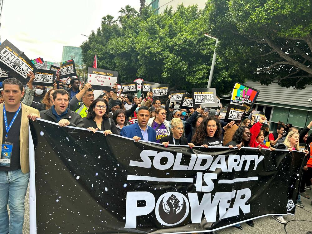 A myriad of workers rallied in downtown Los Angeles in support of striking writers, during an event called 