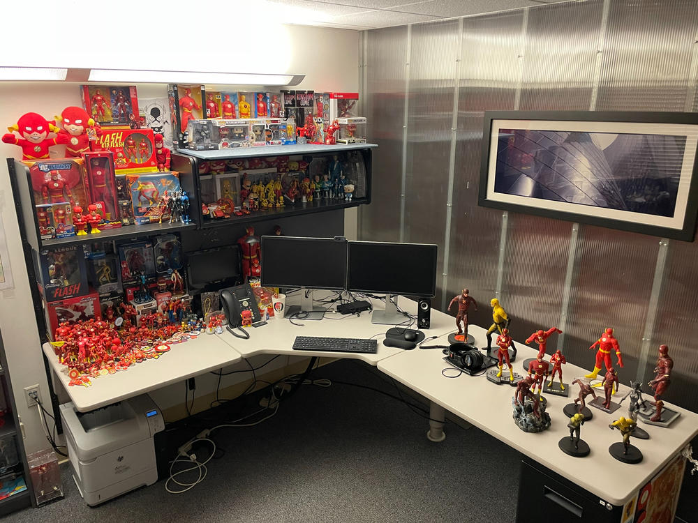 A Martinez's office puts his obsession with speedsters, including The Flash, on display.