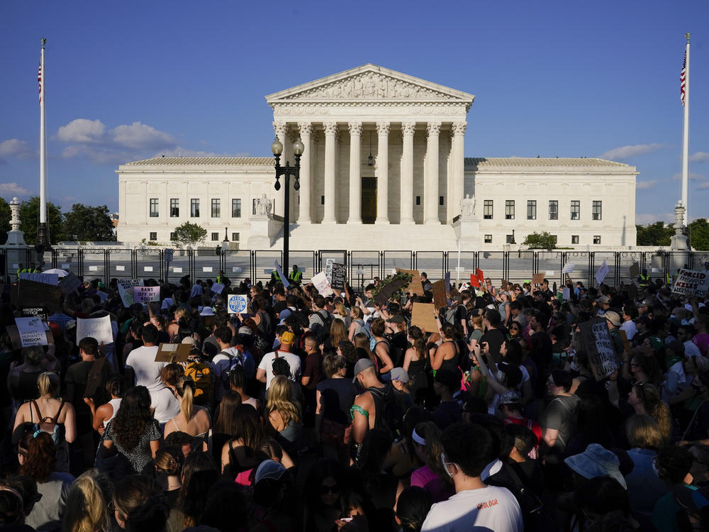 Protesters filled the street in front of the Supreme Court after the court's decision to overturn <em>Roe v. Wade</em> on June 24, 2022. Nearly a year later, <em></em>61% of respondents to a new Gallup poll said overturning <em>Roe </em>was a 