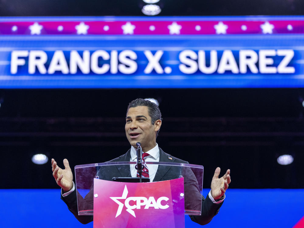 Miami Mayor Francis Suarez speaks at the Conservative Political Action Conference in March at National Harbor in Oxon Hill, Md.