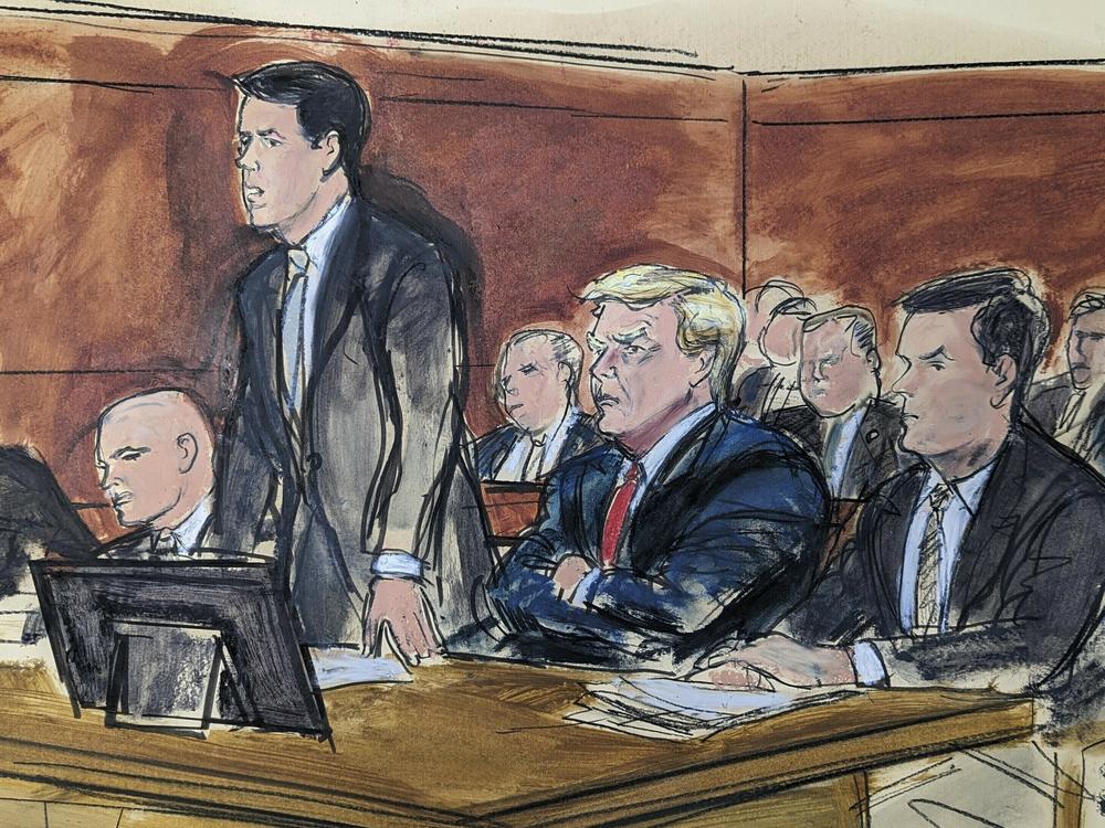 In this courtroom sketch, attorney Todd Blanche stands as he enters a plea of not guilty on behalf of former President Donald Trump in federal court on Tuesday in Miami. From left are: Stanley Woodward, Walt Nauta, Blanche, Trump and Chris Kise.