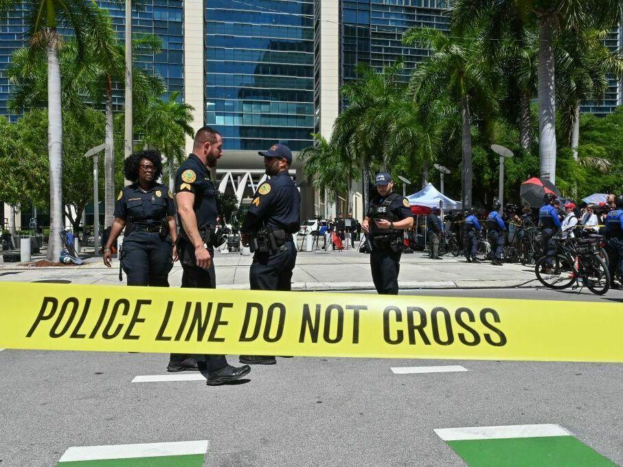Police officers are pictured outside the Wilkie D. Ferguson Jr. United States Courthouse before the arraignment of former President Donald Trump in Miami on Tuesday.