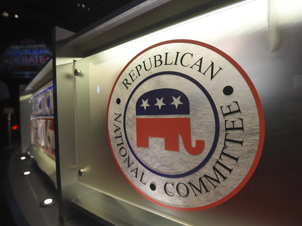 The Republican National Committee logo on stage at a presidential debate in North Charleston, S.C., in 2016.