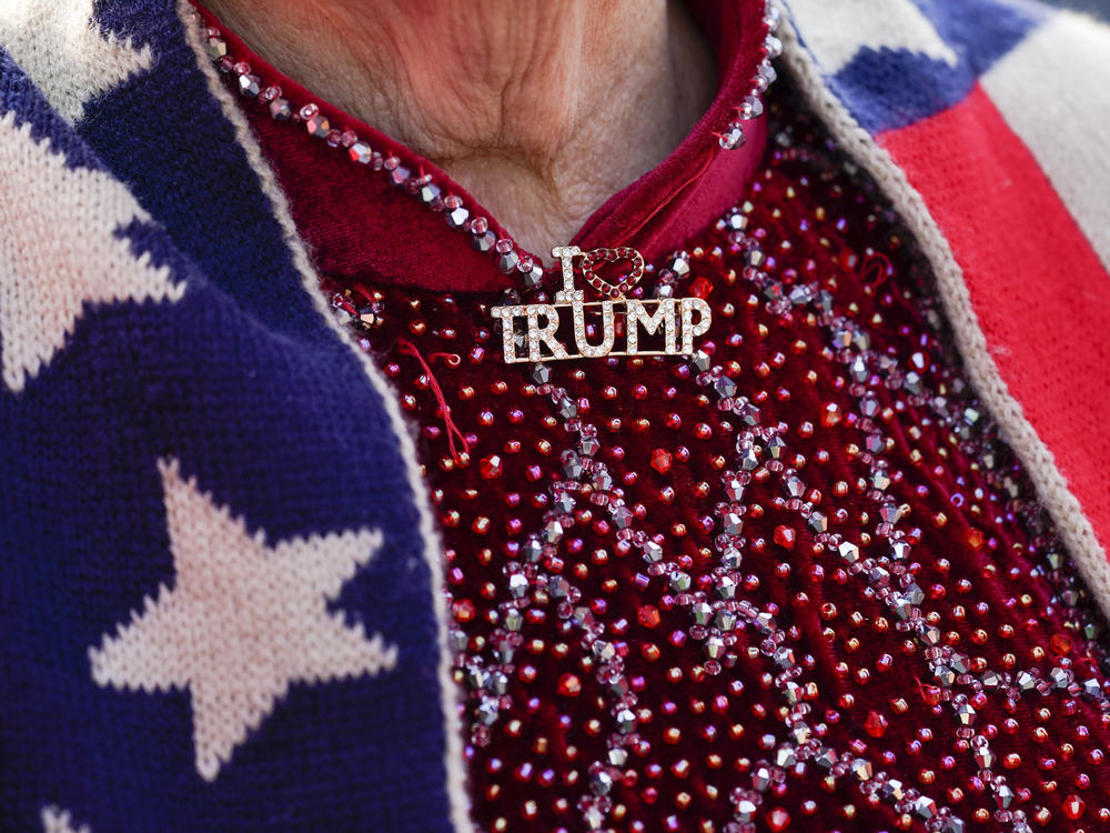 A supporter of former President Donald Trump wears an 