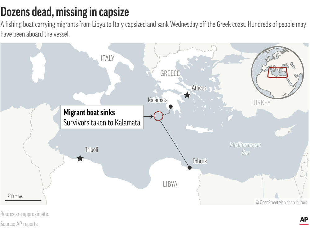 A map shows the route that a fishing boat carrying migrants to Italy from Libya sank in the Mediterranean Wednesday.