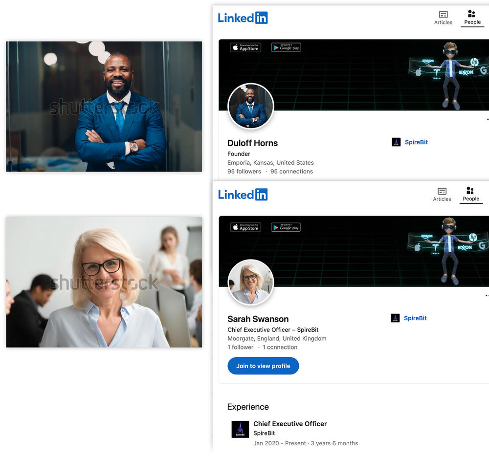 LinkedIn profiles for SpireBit's founder and CEO used stock imagery pulled from Shutterstock.
